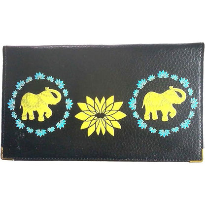 Porte chéquier et carte en cuir noir pour femme avec motif éléphant