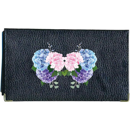 Porte chéquier et carte en cuir noir pour femme personnalisé avec Hortensia