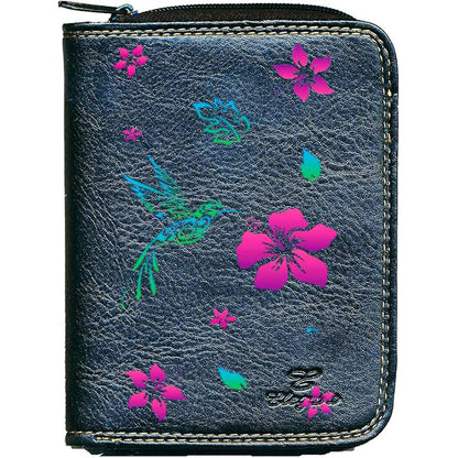 Porte monnaie et carte noir en Simili Cuir pour femme personnalisé Colibri hibiscus