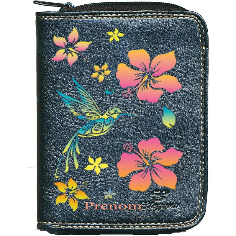 Porte monnaie et carte noir en Simili Cuir pour femme personnalisé Colibri orange