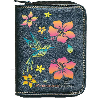 Porte monnaie et carte noir en Simili Cuir pour femme personnalisé Colibri orange