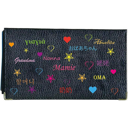 Porte chéquier et carte en cuir noir pour femme personnalisé Mamie pays