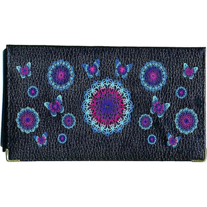 Porte chéquier et carte en cuir noir pour femme personnalisé Mandala Bleu
