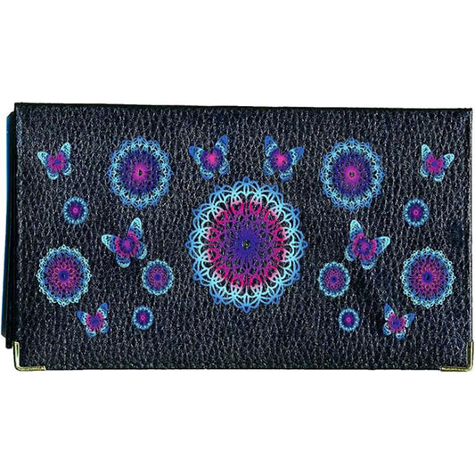 Porte chéquier et carte en cuir noir pour femme personnalisé Mandala Bleu