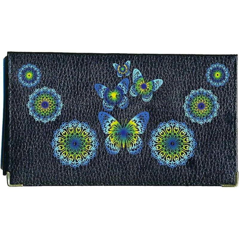Porte chéquier et carte en cuir noir pour femme personnalisé Mandala Vert