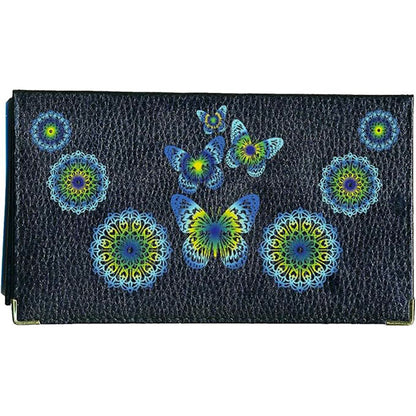 Porte chéquier et carte en cuir noir pour femme personnalisé Mandala Vert