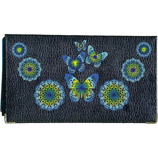 Porte chéquier et carte en cuir noir pour femme personnalisé Mandala Vert