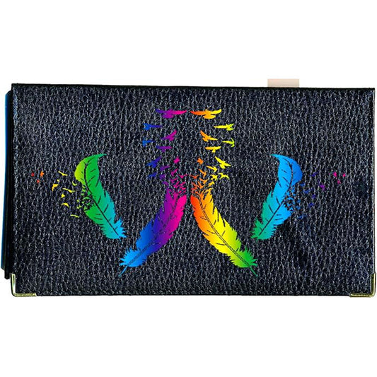 Porte chéquier et carte en cuir noir pour femme personnalisé Plume Colorée