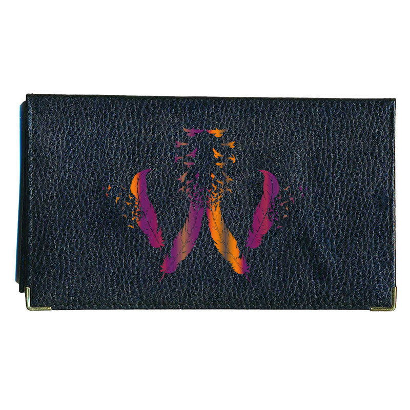 Porte chéquier et carte en cuir noir pour femme personnalisé Plume Orange