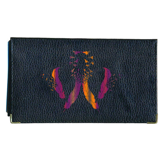 Porte chéquier et carte en cuir noir pour femme personnalisé Plume Orange