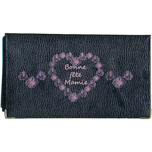 Porte chéquier et carte en cuir noir pour femme personnalisé Bonne Fête Mamie