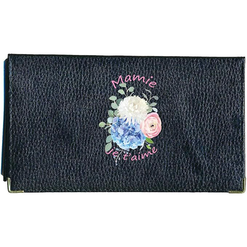 Porte chéquier et carte en cuir noir pour femme personnalisé Mamie Je t'aime