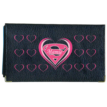 Porte chéquier et carte en cuir noir pour femme personnalisé Super Mamie Coeur