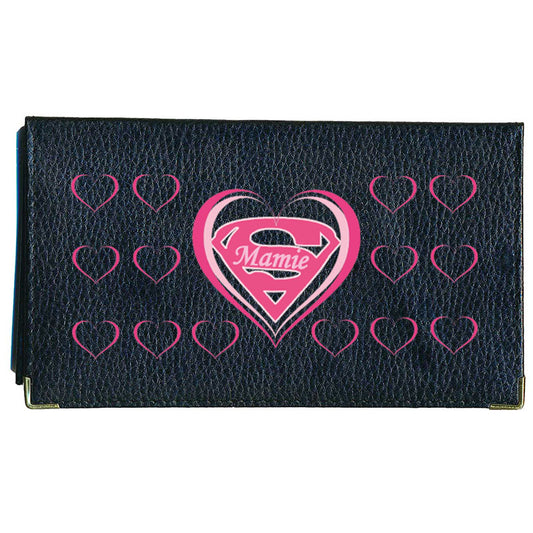 Porte chéquier et carte en cuir noir pour femme personnalisé Super Mamie Coeur