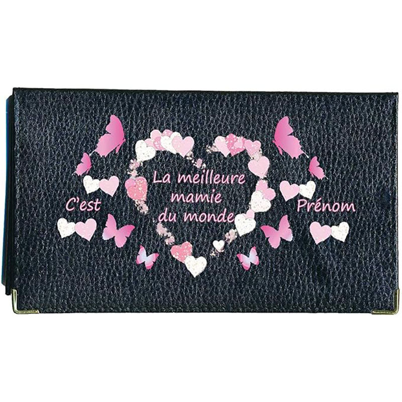 Porte chéquier et carte en cuir noir pour femme personnalisé Meilleure Mamie