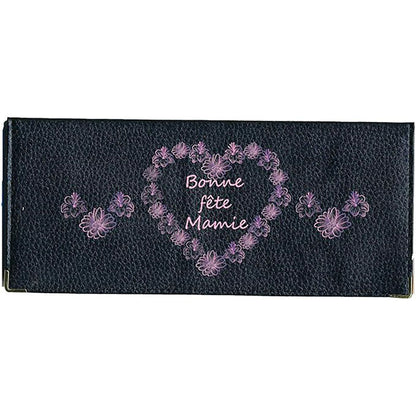Porte Chéquier long en cuir noir personnalisé avec personnalisé Bonne fête Mamie