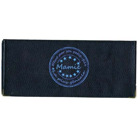 Porte Chéquier long en cuir noir personnalisé avec personnalisé Mamie Elue par son petit fils