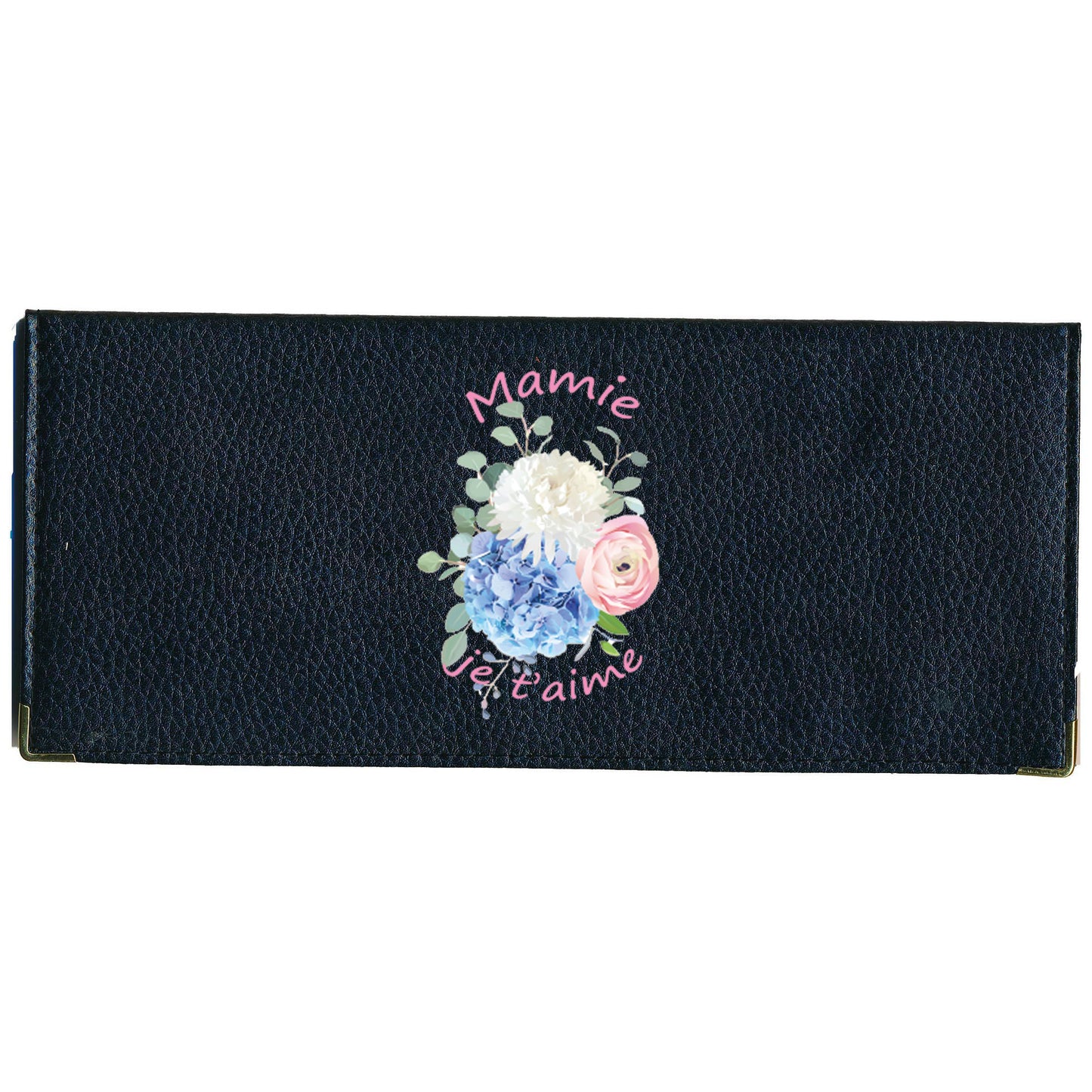 Porte Chéquier long en cuir noir personnalisé avec personnalisé Mamie Je t'aime