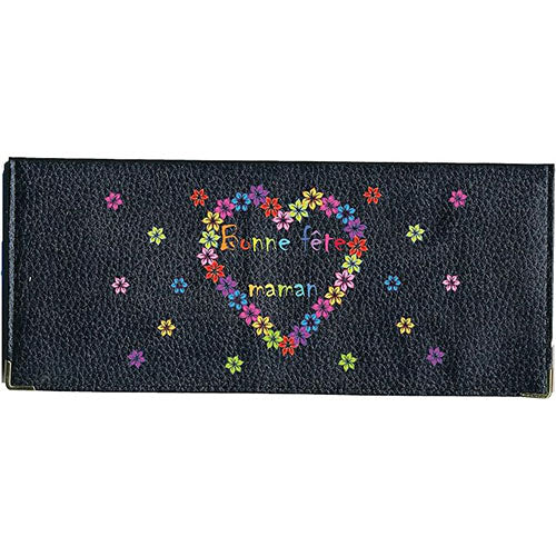 Porte Chéquier long en cuir noir personnalisé Bonne Fête Maman