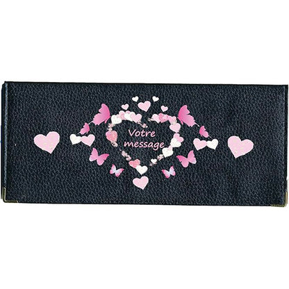Porte Chéquier long en cuir noir personnalisé Coeur message