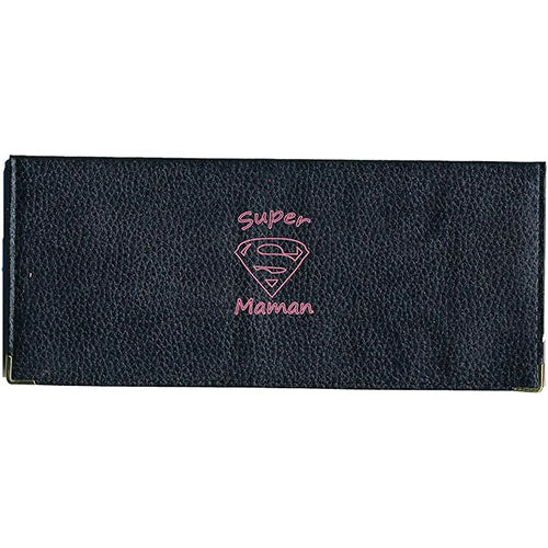 Porte Chéquier long en cuir noir personnalisé Super Maman