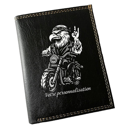 Portefeuille Homme Noir Personnalisé – Moto style Harley Aigle - Prénom en option