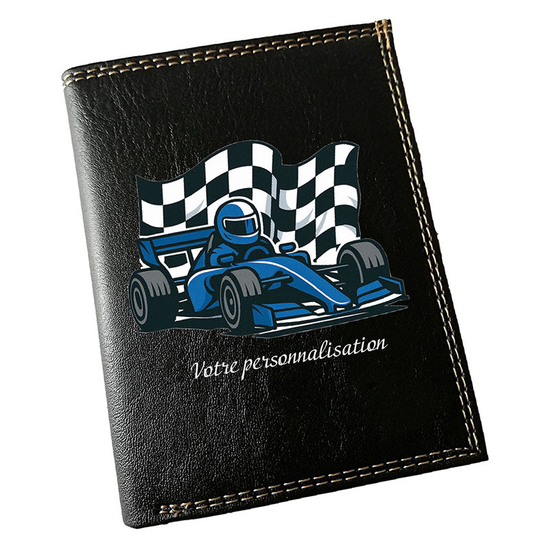 Portefeuille Homme Noir Personnalisé – voiture de course style F4 bleu - Prénom en option