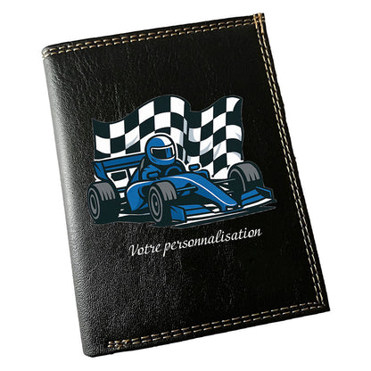 Portefeuille Homme Noir Personnalisé – voiture de course style F4 bleu - Prénom en option