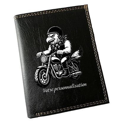 Portefeuille Homme Noir Personnalisé – Moto style Harley Aigle - Prénom en option
