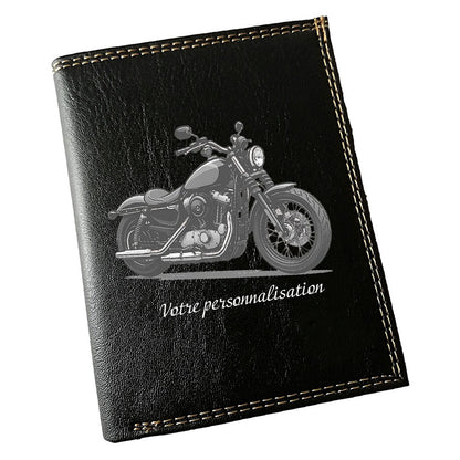 Portefeuille Homme Noir Personnalisé – Moto style Harley Grise - Prénom en option